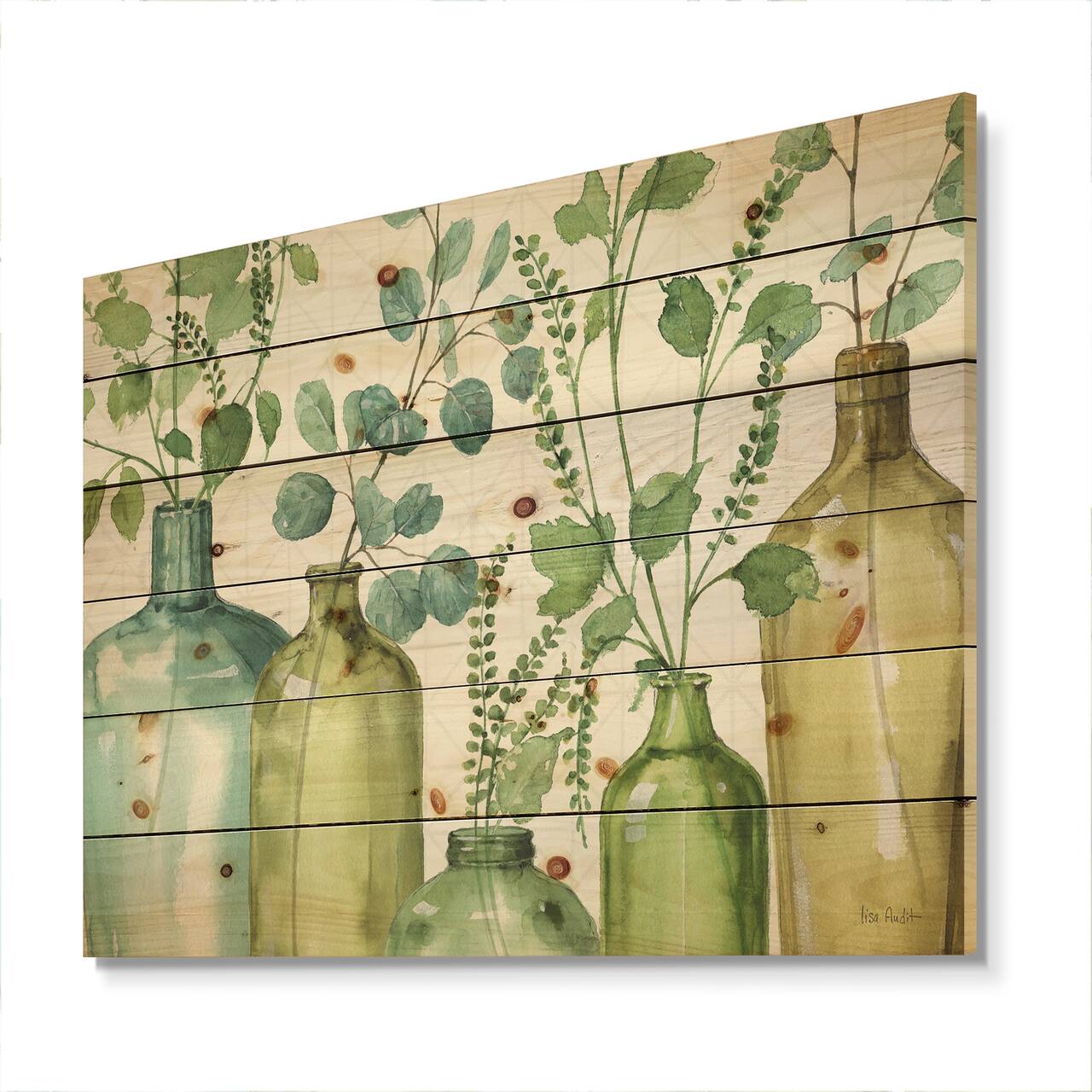 Designart - Mixed Botanical Green Leaves I0 - Cottage Print on Natural Pine Wood